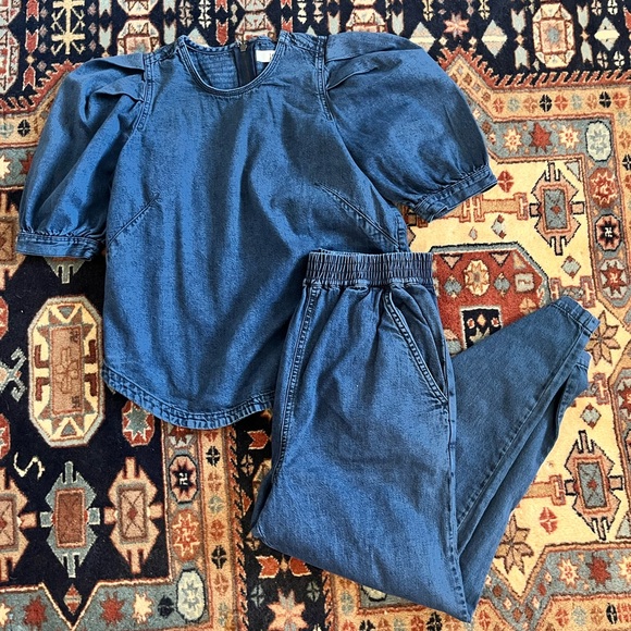 Joie two piece set denim jogger pants puff sleeve top chambray Canadian tuxedo S - Picture 15 of 15